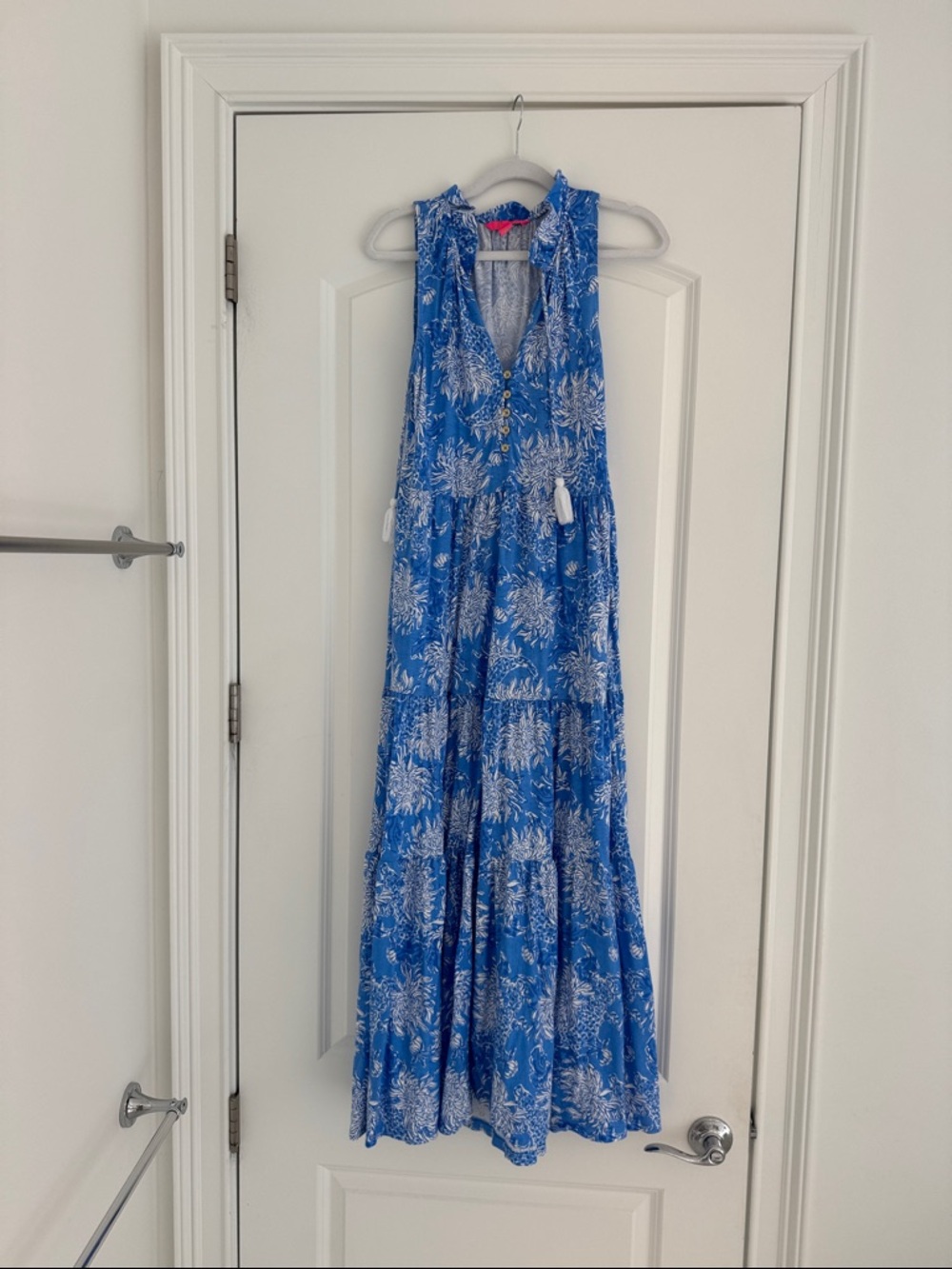 Lilly Pulitzer Blue and White Floral Tiered Malone Maxi Dress
